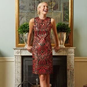 J. McLaughlin Dress Sheath Sleeveless Jacquard Stretch Red Gold Holiday 10
